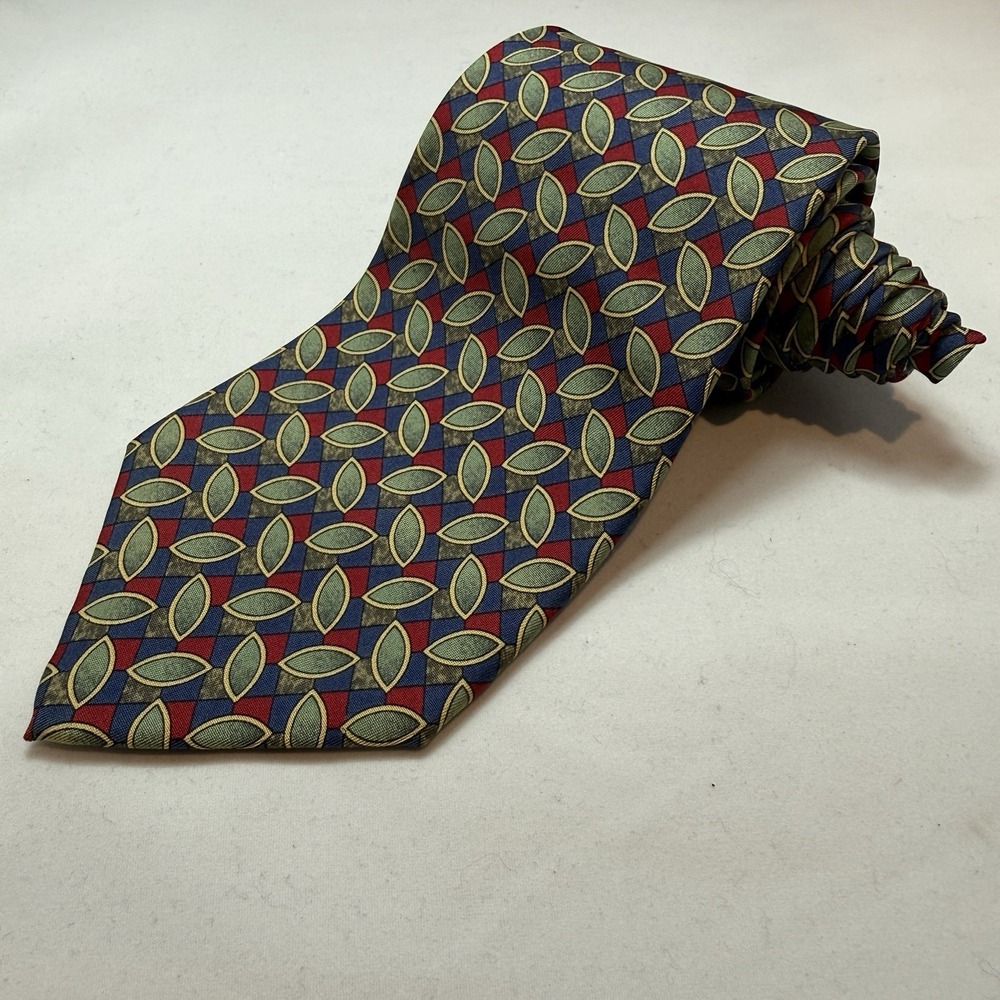 Aquascutum London Silk Tie Blue Red Green Geometric Leaf Pattern Classic Luxury